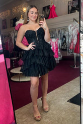 Misshow Sparkly A-Line Black Strapless Short Homecoming Dress/Mini Dress with Lace